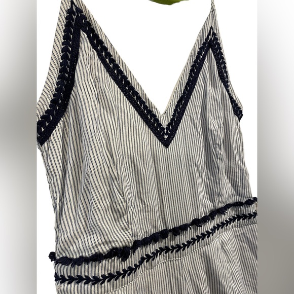 Japna Blue White Pin Striped Embroidered Empire Waist Wide Leg Casual Jumpsuit - Picture 3 of 7